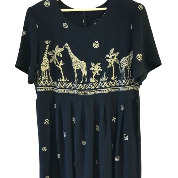 Citi Dress Giraffe Print Dress: Vintage 80s Long Rayon Dress Black Size 18W - Picture 10 of 12